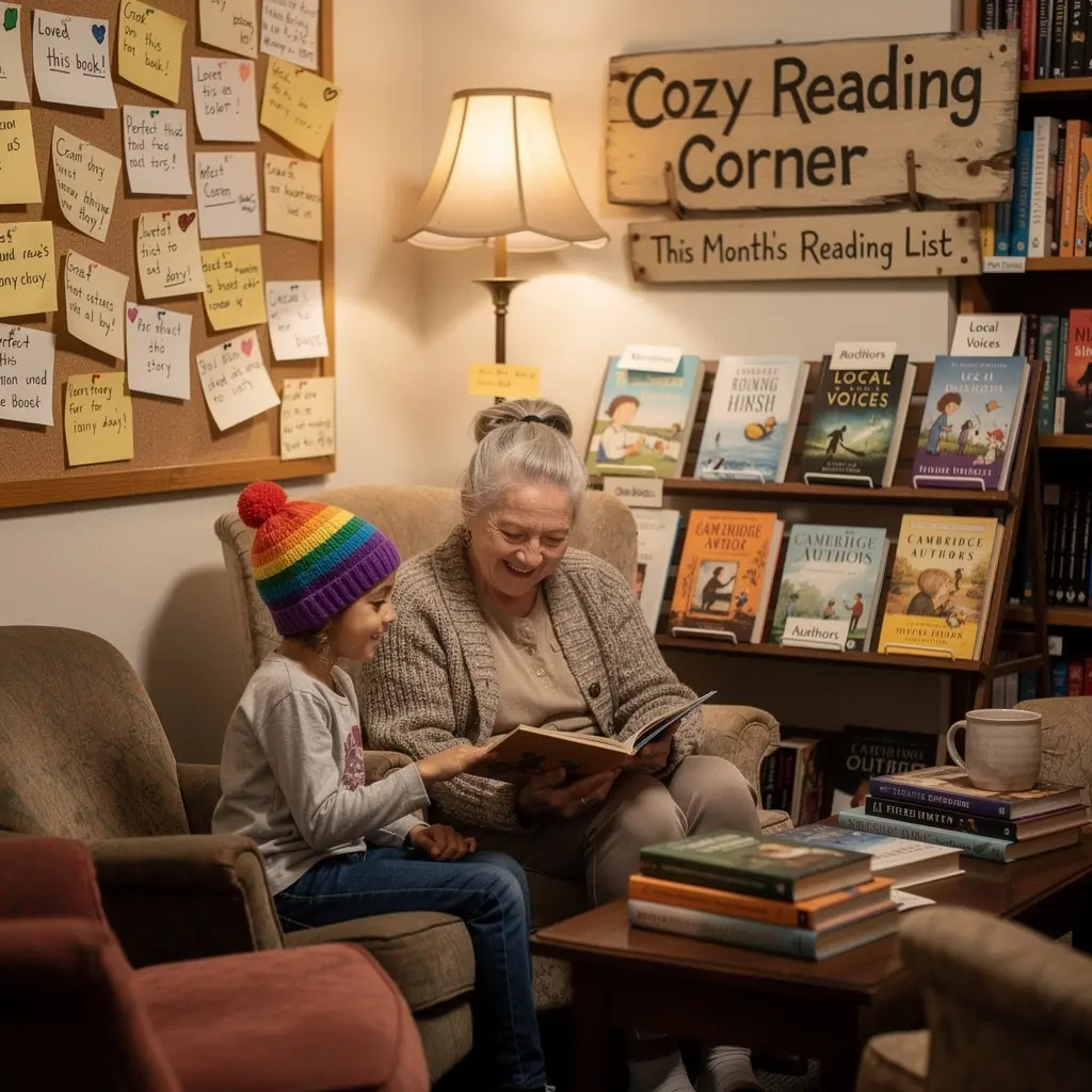 A group of local residents gathered for a book discussion event in the bookstore's community space.